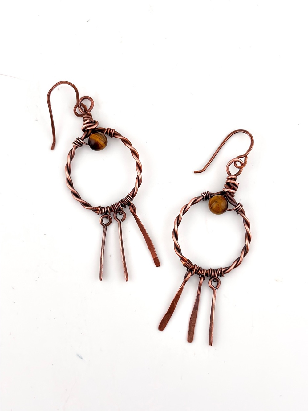 HANDMADE Tiger Eye Copper Wire Wrapped Dangle Earrings, Artisan Jewelry Gift